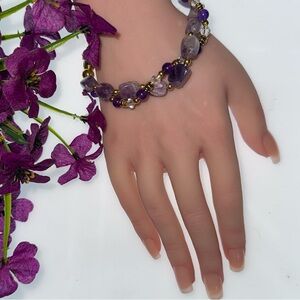 Amethyst & Purple Jade  Cube  Stone Twisted Beaded Bracelet-Gold Tone